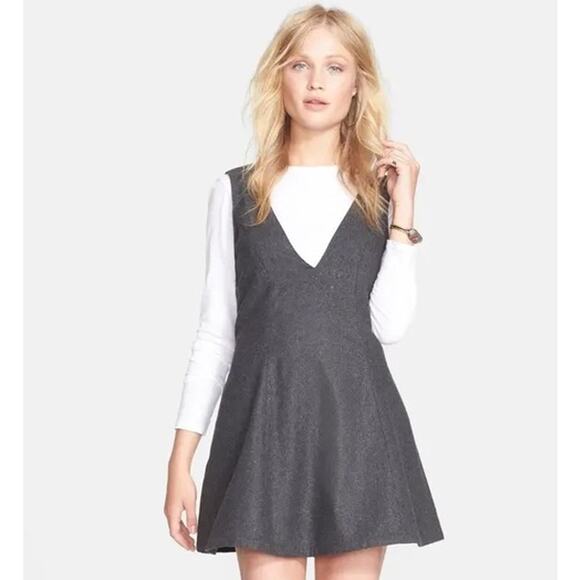 Free People Gemma’s Favorite Dress Wool Blend V-Neck Apron Style Pinafore Gray - Picture 3 of 13